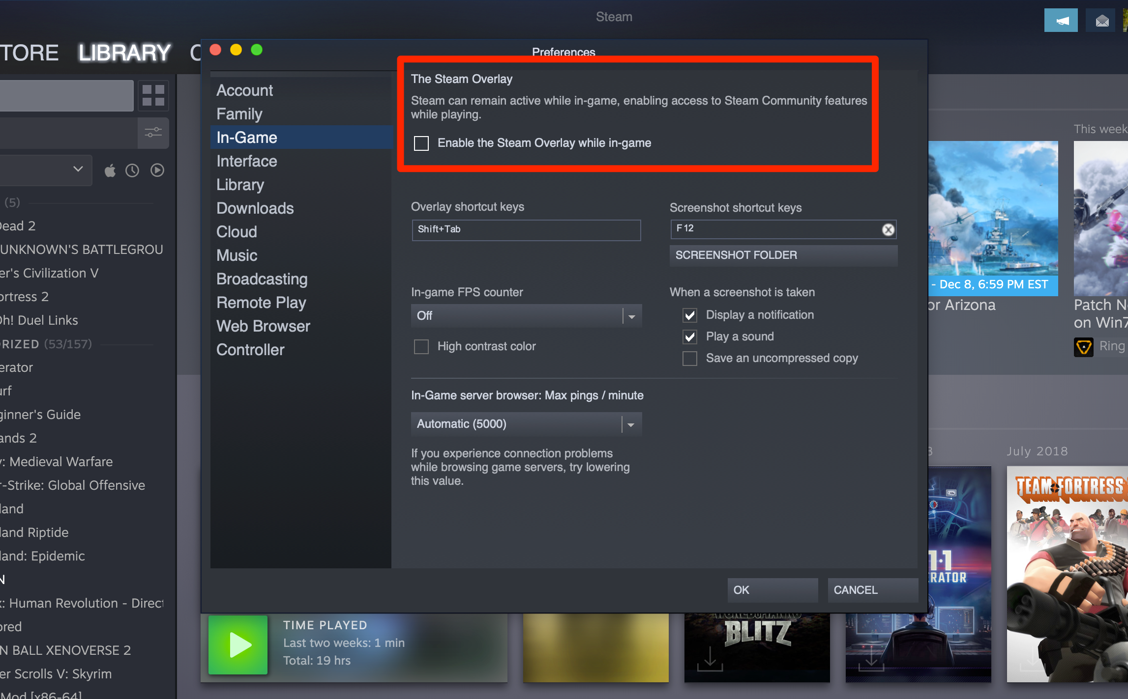 Check or uncheck Steam Overlay in game