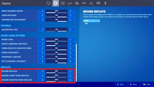 Turn Record Replays Off on Fortnite