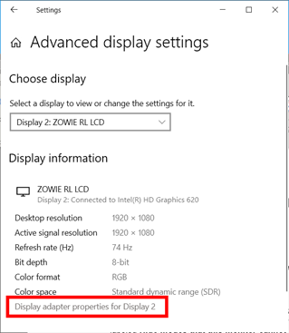 Display Adaptor Settings on Windows 10